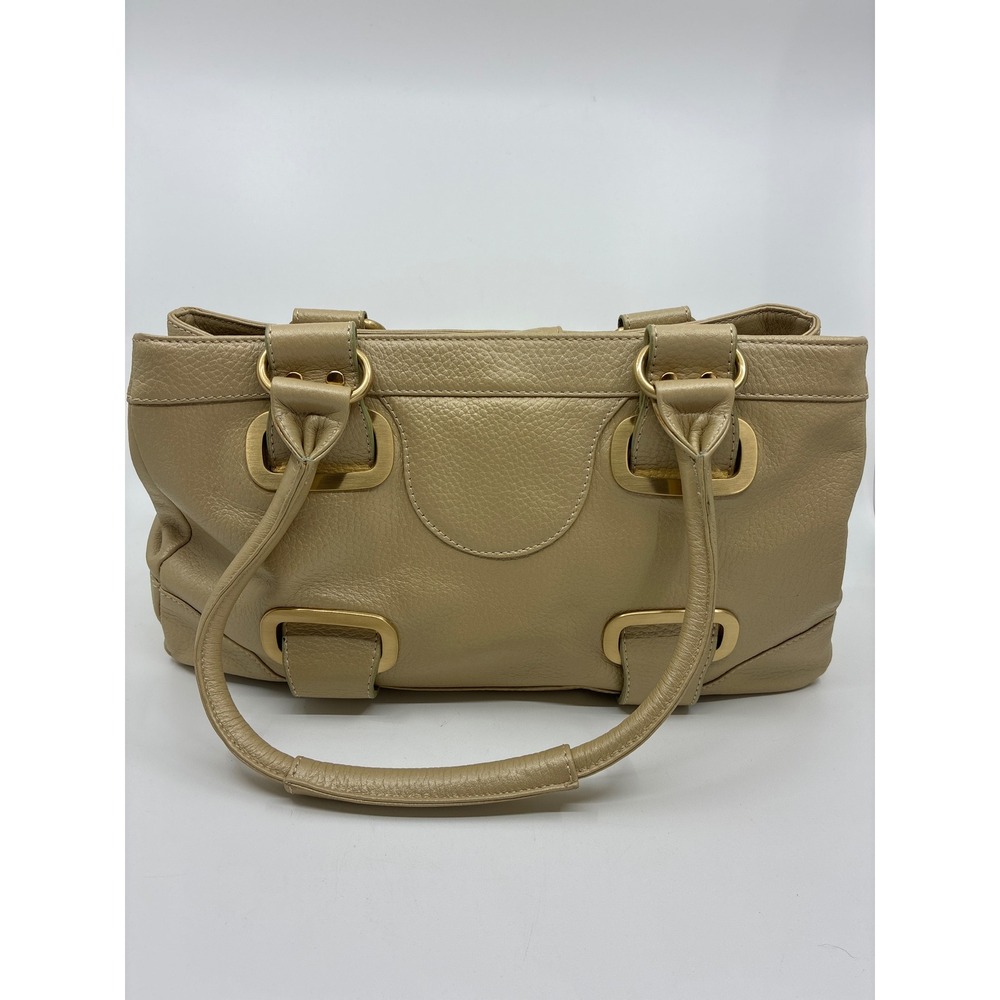 Maxx New York Beige Pebbled Leather Satchel Leopard Print Lining Gold Hardware